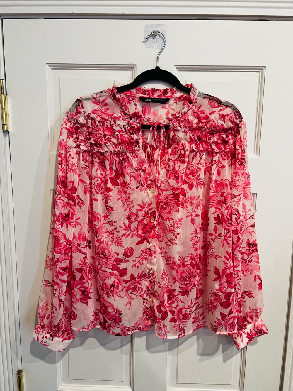 Zara Rose-Pink Floral Ruffle Tie-Front Blouse NWOT